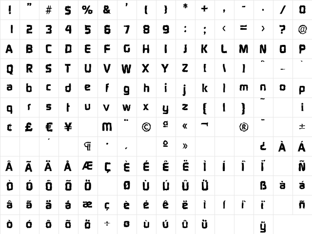 DigitalRandom-Xbold Regular  glyph index