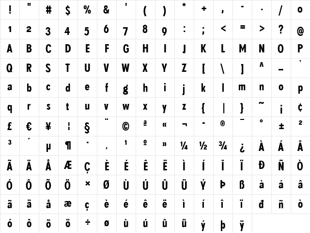 SuperGroteskB Regular  glyph index