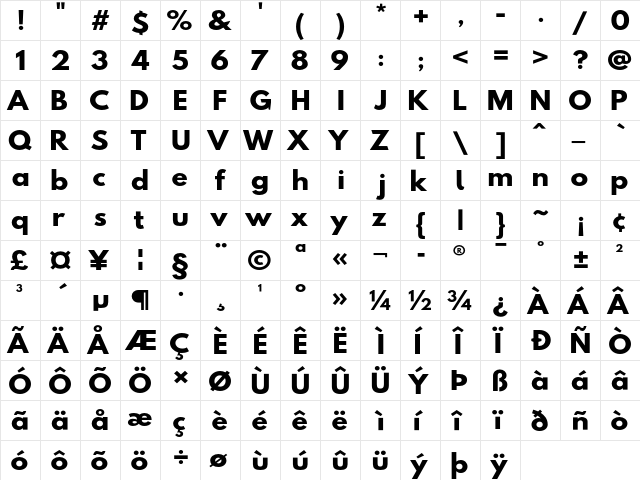 Hussar BdWide  glyph index