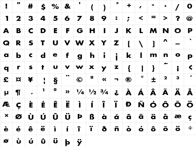 FuturaExt-Bold Regular  glyph index