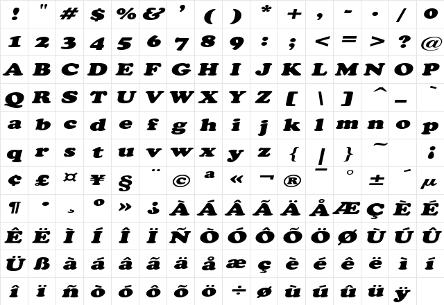 CopperfieldExtended Italic  glyph index