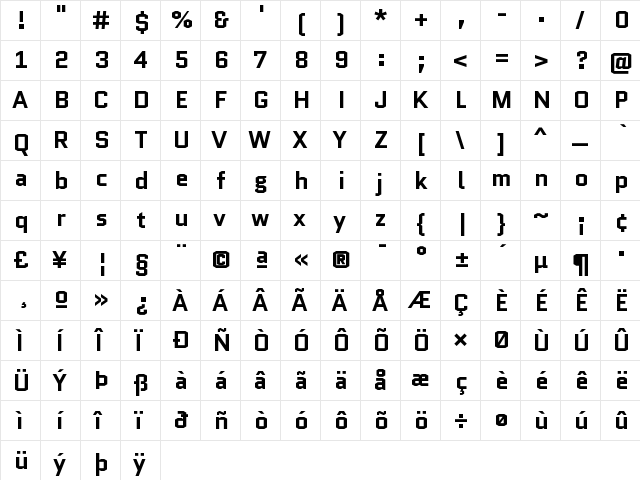 Quantico Bold  glyph index