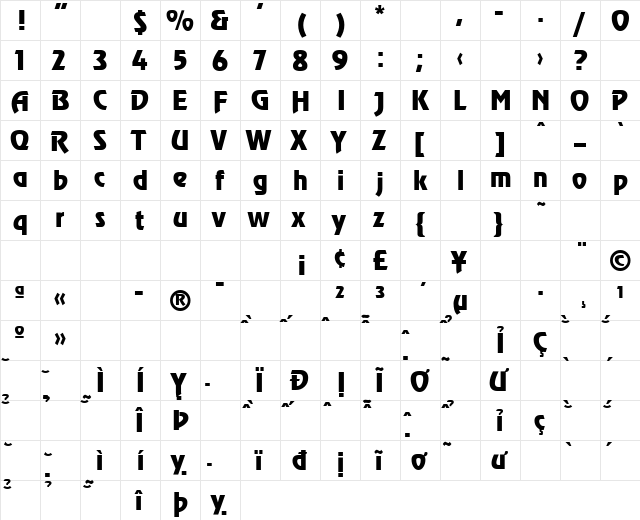 VNI-Revue Bold  glyph index