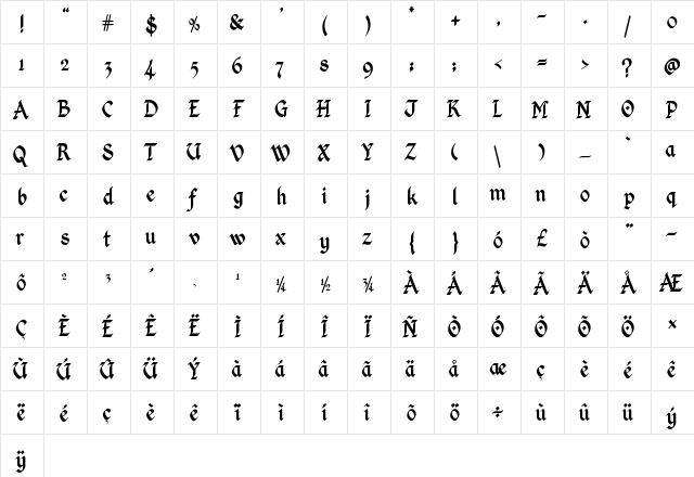 Kingthings Calligraphica Regular  glyph index