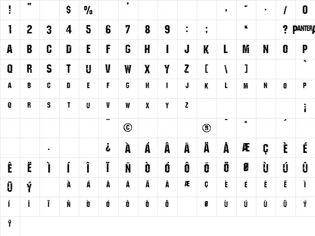 Pantera Regular  glyph index