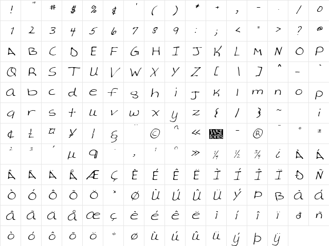 AverysHand Italic  glyph index