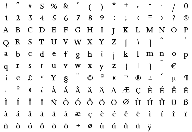 Jessica-Medium Regular  glyph index