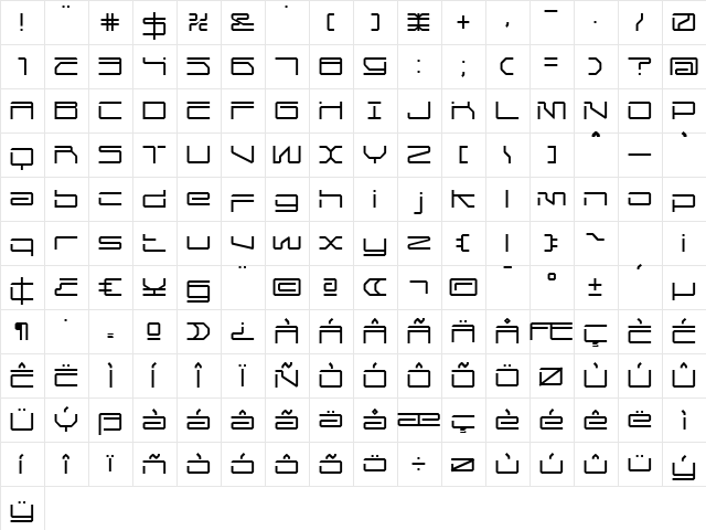 MechwarThin Regular  glyph index