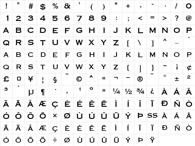 CopperplateGothicThirty-OneAB Roman  glyph index