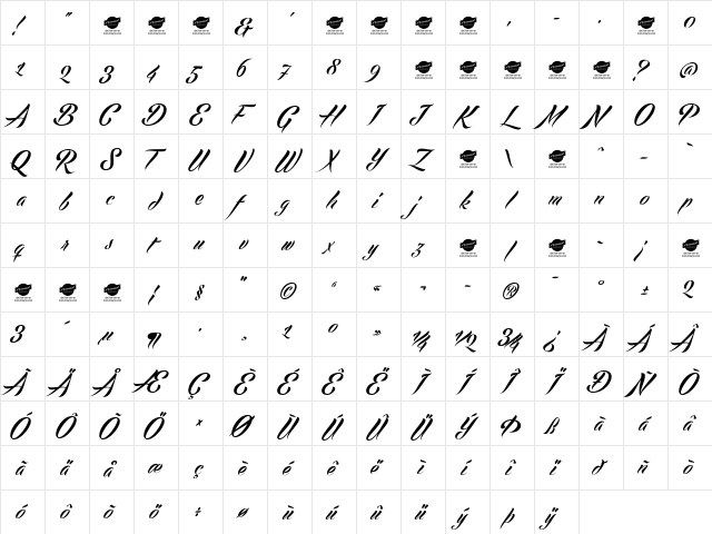 Echinos Park Script PERSONAL USE ONLY Regular  glyph index