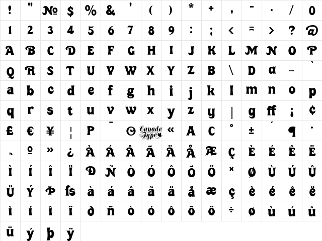 Huckleberry Regular  glyph index