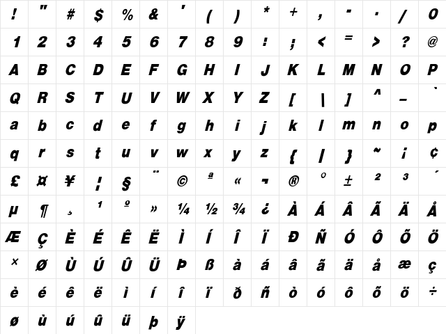 HelveticaCndObl-Heavy Regular  glyph index