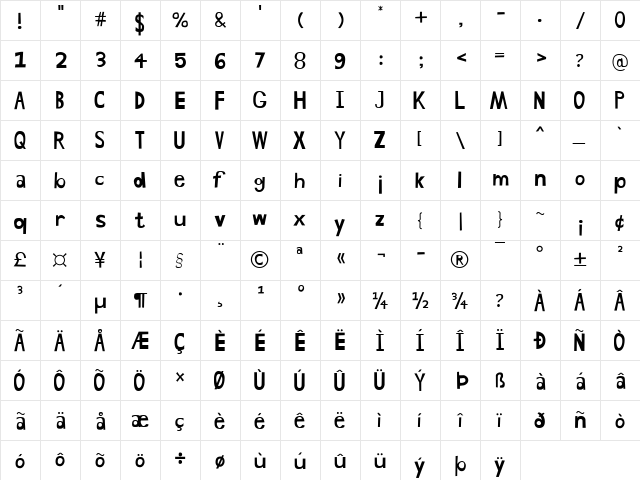 Hand Drawn Shapes Regular  glyph index