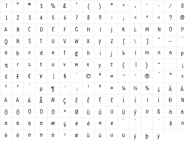 Tarzana Narrow Regular  glyph index