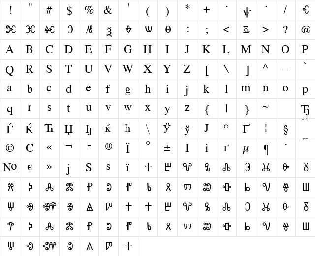 Old Church Slavonic Gla Regular  glyph index