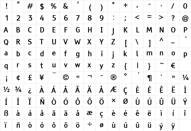 Tiresias PCfont Bold  glyph index