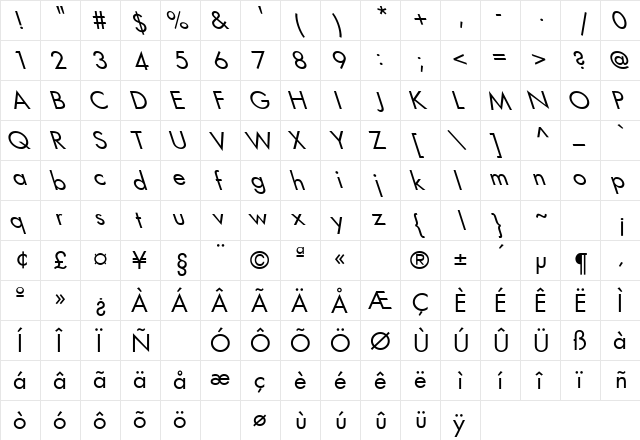 Futura-Book-Lefty Regular  glyph index