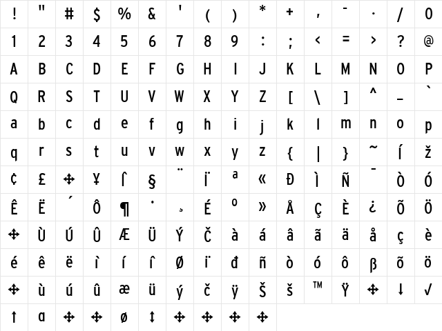 InterstateCond Regular  glyph index