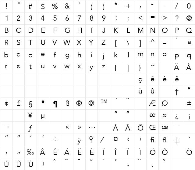 Avenir Regular  glyph index