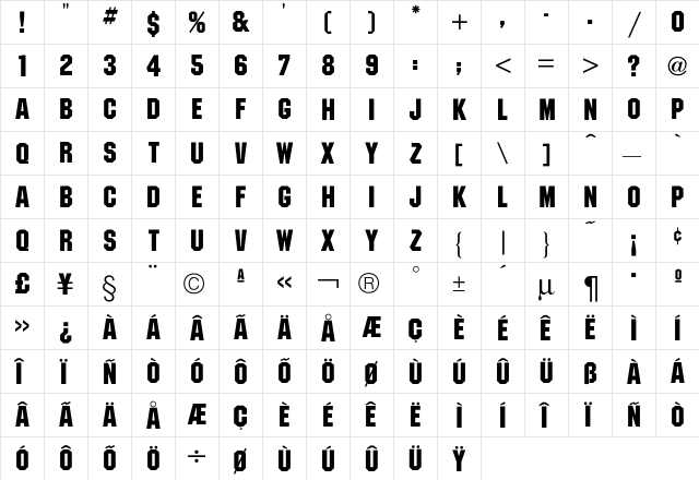Machine Font  glyph index