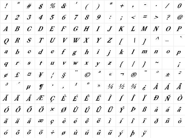 FZ ROMAN 39 ITALIC Normal  glyph index