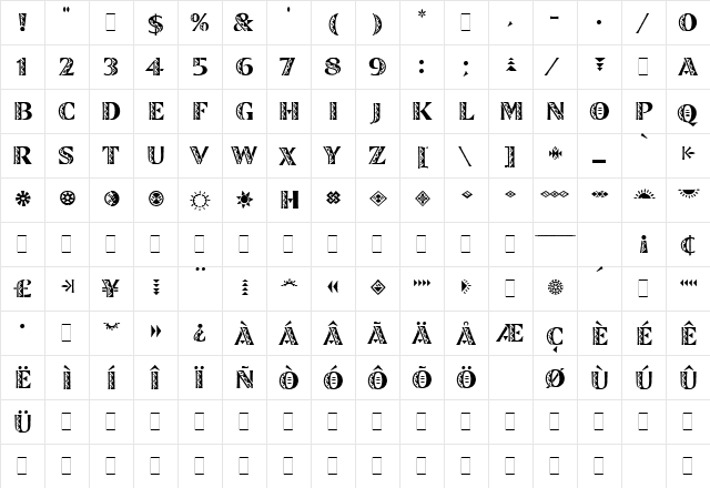 Zinjaro LET Plain  glyph index