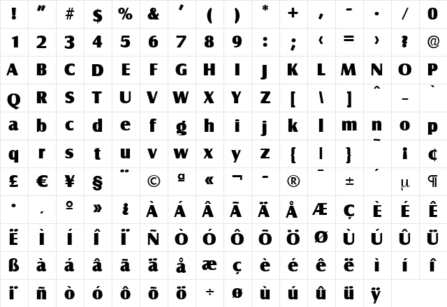 BillyBecker-Heavy Regular  glyph index