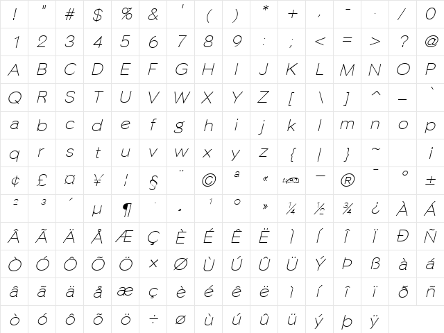 Phinster Fine Italic  glyph index