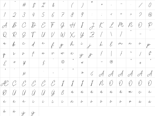 Smithrose Regular  glyph index
