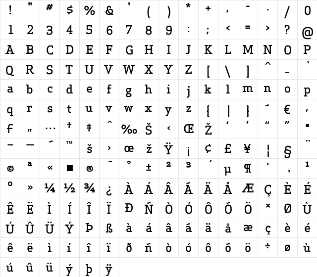 Apex Serif Medium Regular  glyph index