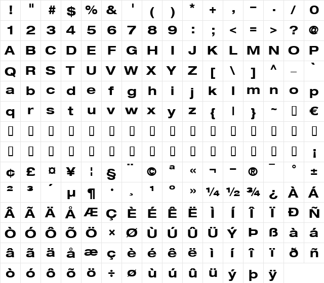 HelveticaNeue LT 53 Ex Bold  glyph index