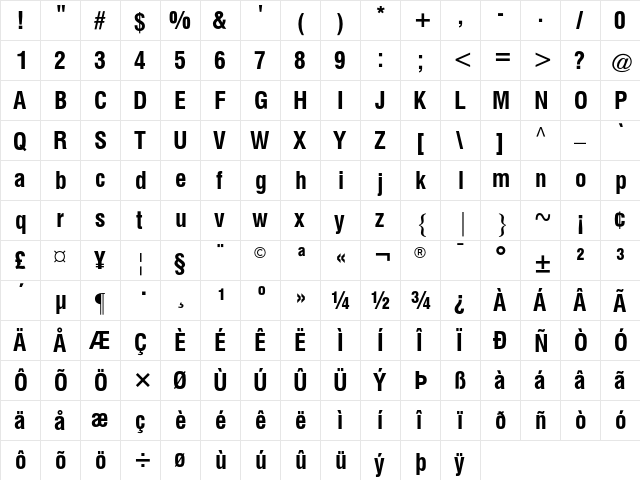 ATTriumvirateCondensed Regular  glyph index