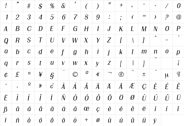 Grenoble-Serial-Light RegularItalic  glyph index