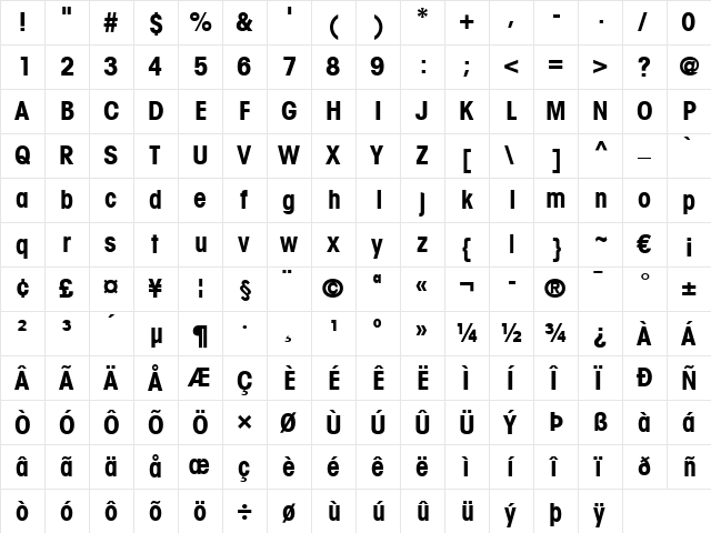 AvantGarde LT CondMedium Bold  glyph index