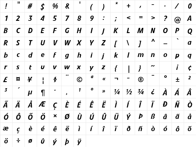 Veto Com Medium Italic  glyph index