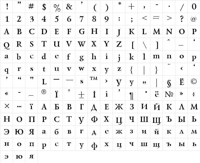 Lazursky Bold  glyph index