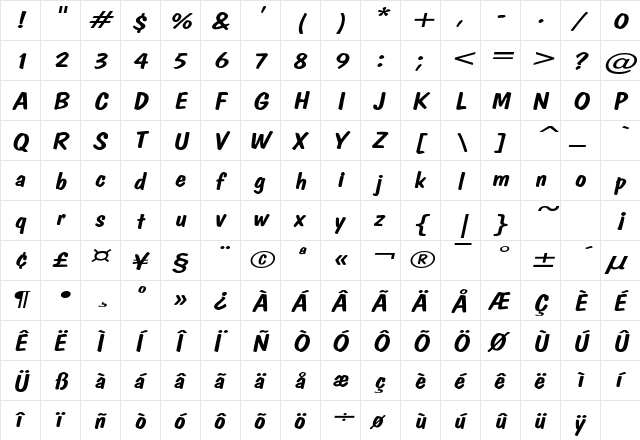 DonCasualExtended Italic  glyph index