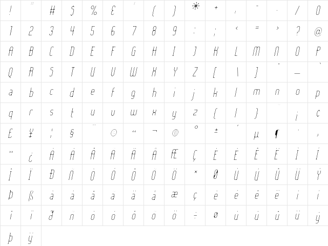 Lady Ice - Extra Light Italic  glyph index