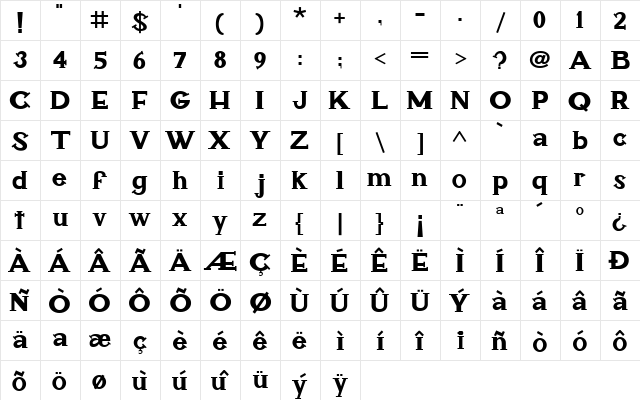 Merengue Regular  glyph index