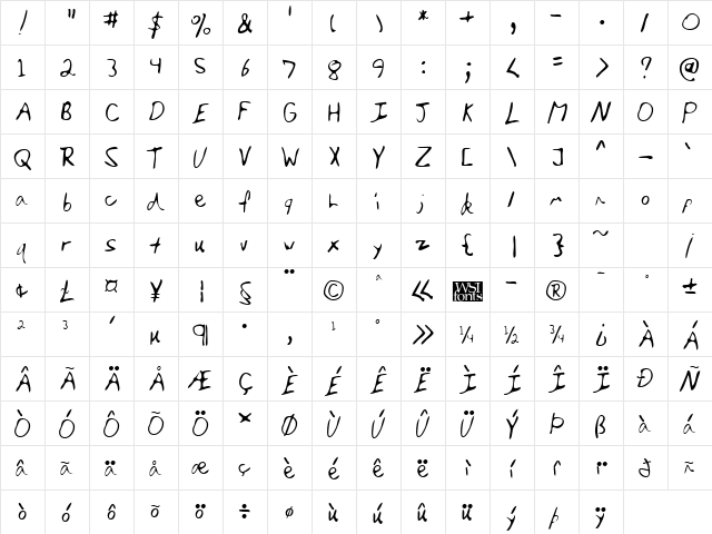 DarinsHand Regular  glyph index