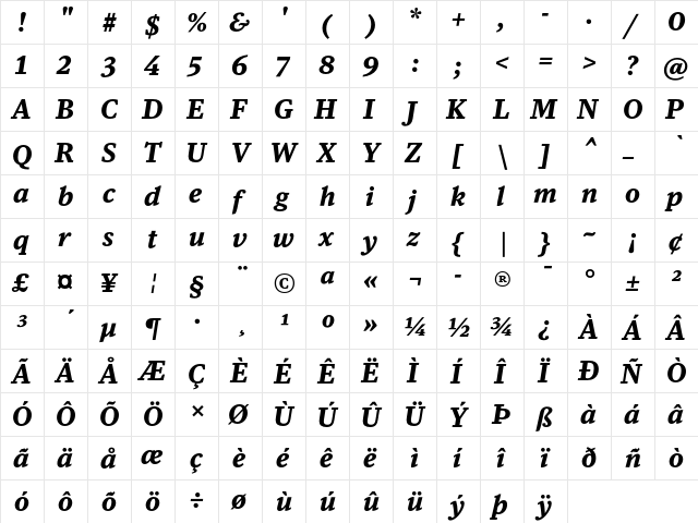 DB News Bold Italic  glyph index