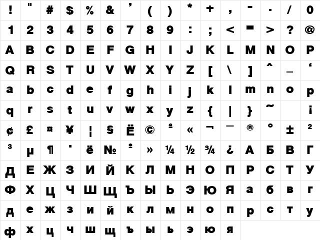 Cyrvetica Extra Bold  glyph index