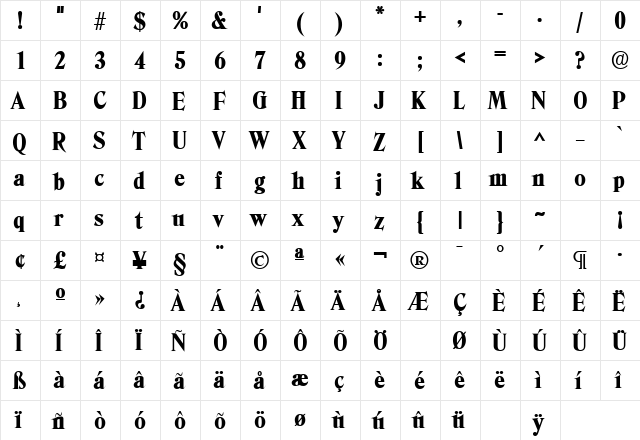 DenverLH Bold  glyph index