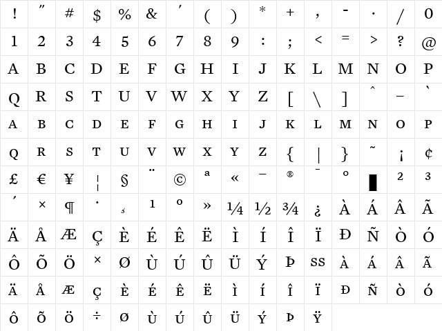 Mercury Text G2 Regular  glyph index
