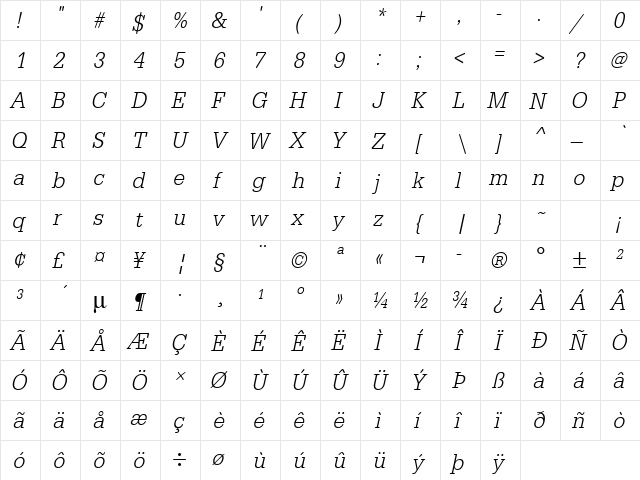 URWTypewriterTLigExtNar Oblique  glyph index
