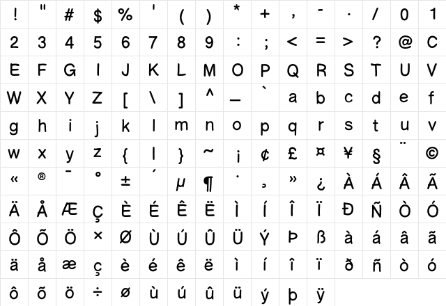 Comic Helvetic Light  glyph index