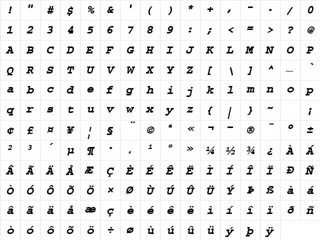Monument Italic  glyph index