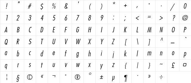 FavoritLightCondC Italic  glyph index