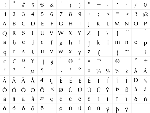 ZapfHumnst Dm BT Demi  glyph index