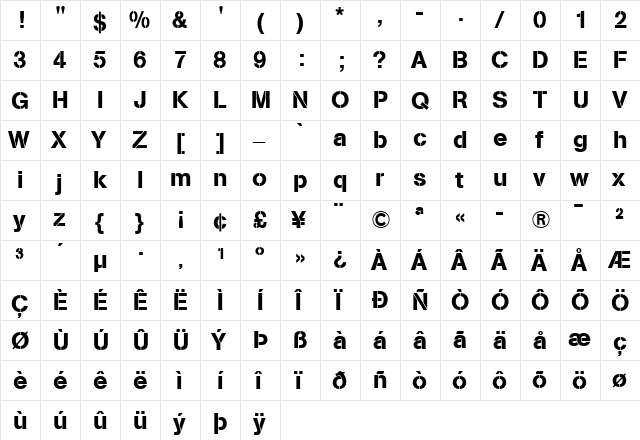 AG Book Stencil Medium  glyph index